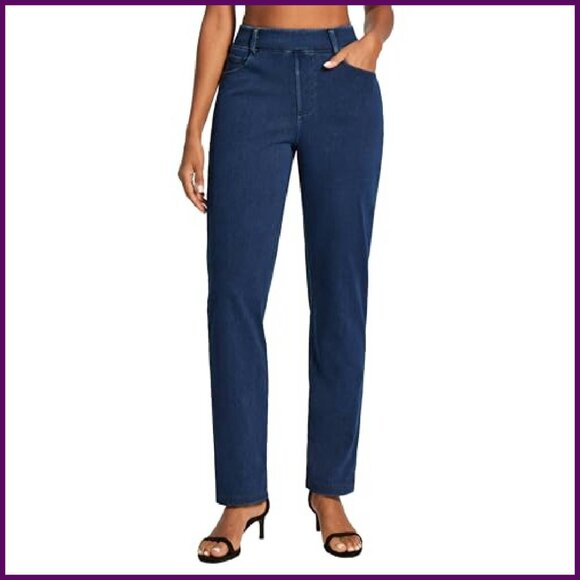 High Waisted Pull On Straight Leg Jeans Stretchy Denim Pants Women's - Picture 2 of 7